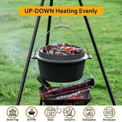 10QT Camping Dutch Oven, Pre-Seasoned Cast Iron Camp Dutch Oven Pot with Lid