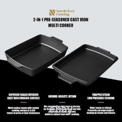 2-In-1 Pre Seasoned Cast Iron Dutch Oven With Skillet Lid, Casserole Dish, Rect