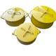 3 Vintage Dansk Kobenstyle Yellow Enamel Pots Dutch Oven W Trivet Lid Sm Md Lg