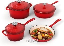 7 Pc Enameled Cast Iron Cookware Set Dutch Oven Skillet & Saucepan with Lids