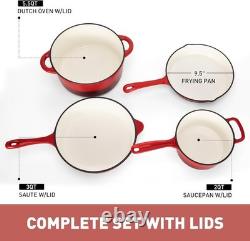 7 Pc Enameled Cast Iron Cookware Set Dutch Oven Skillet & Saucepan with Lids