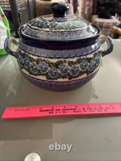 Amazing Polish Pottery Dutch Oven Casserole & Lid Unikat Blue Pansies Signature