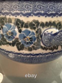 Amazing Polish Pottery Dutch Oven Casserole & Lid Unikat Blue Pansies Signature