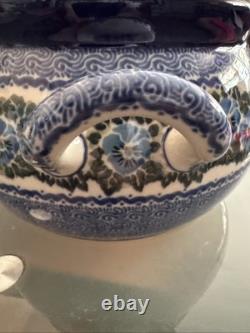 Amazing Polish Pottery Dutch Oven Casserole & Lid Unikat Blue Pansies Signature