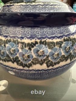 Amazing Polish Pottery Dutch Oven Casserole & Lid Unikat Blue Pansies Signature
