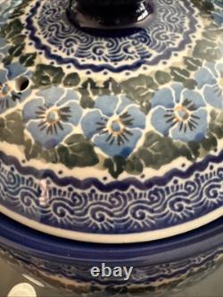 Amazing Polish Pottery Dutch Oven Casserole & Lid Unikat Blue Pansies Signature