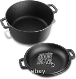 Cast Iron 5 Quart Dutch Oven Pre-seasoned Stock Pot & 2 QT Lid Pan Set, Black
