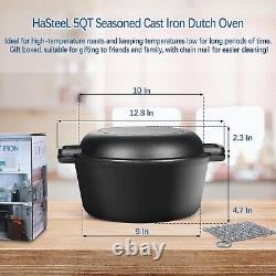 Cast Iron 5 Quart Dutch Oven Pre-seasoned Stock Pot & 2 QT Lid Pan Set, Black