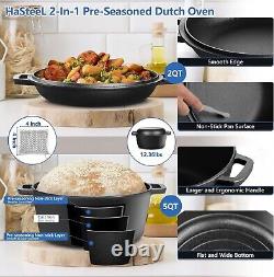 Cast Iron 5 Quart Dutch Oven Pre-seasoned Stock Pot & 2 QT Lid Pan Set, Black