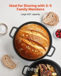 Cast Iron Dutch Oven, 2-in-1 Pre-Seasoned Pot with Skillet Lid, 5QT Cookware Pan