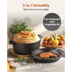 Cast Iron Dutch Oven, 2-in-1 Pre-Seasoned Pot with Skillet Lid, 5QT Cookware Pan
