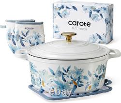 Enameled 5QT Cast Iron Dutch Oven with Lid & Potholders Floral Design