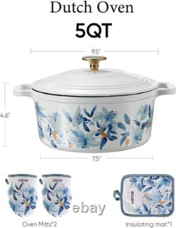 Enameled 5QT Cast Iron Dutch Oven with Lid & Potholders Floral Design