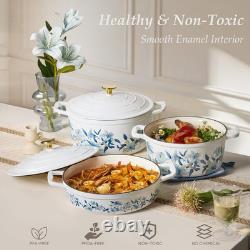 Enameled 5QT Cast Iron Dutch Oven with Lid & Potholders Floral Design