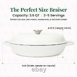 Enameled Cast Iron Braiser with Lid, Cast Iron Casserole Dish 3.6QT /3.4L Wh
