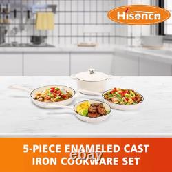 Enameled Cast Iron Cookware Set, 5-Piece Ceramic Coated Pots & Pans with Dutch O