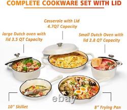Enameled Cast Iron Cookware Set, 8 Piece Set of Dutch Ovens, Sauce Pan, Skillet
