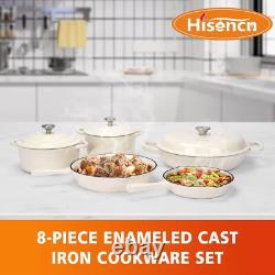 Enameled Cast Iron Cookware Set, 8 Piece Set of Dutch Ovens, Sauce Pan, Skillet