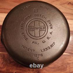 Griswold 1278 Cast Iron Dutch Oven #8, Large Block Logo, Button Logo Lid, c1950s