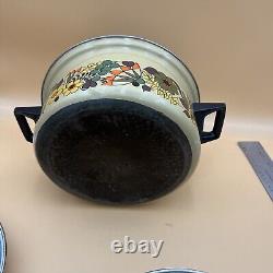 Hendlers Pointerware Enamel Dutch Oven Floral Design MCM Vintage Enamelware Set