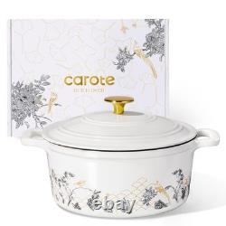 Iron Dutch Oven 5QT Enameled Floral Pot Lid Baking Braising Stovetop CAROTE Cast