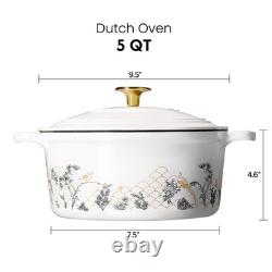 Iron Dutch Oven 5QT Enameled Floral Pot Lid Baking Braising Stovetop CAROTE Cast