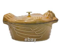 LARGE STAUB 5 qt CARMEL CAST IRON CHICKEN DUTCH OVEN ROASTER POT with LID FRANCE