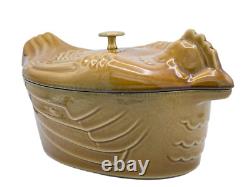 LARGE STAUB 5 qt CARMEL CAST IRON CHICKEN DUTCH OVEN ROASTER POT with LID FRANCE