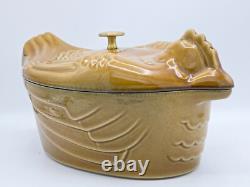 LARGE STAUB 5 qt CARMEL CAST IRON CHICKEN DUTCH OVEN ROASTER POT with LID FRANCE