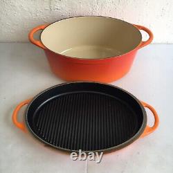 LE CREUSET ENAMELED CAST IRON Orange Red OVAL FLAME DUTCH OVEN & GRILL LID #32