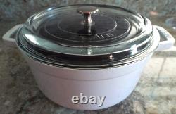 LN Staub La Coccotte Ronde #24 White 4Qt Round Cast Iron Dutch Oven withGlass Lid