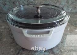 LN Staub La Coccotte Ronde #24 White 4Qt Round Cast Iron Dutch Oven withGlass Lid