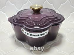 Le Creuset Fig Purple Flower Fleur Dutch Oven 2.1Qt Gold Knob Black Matte Enamel