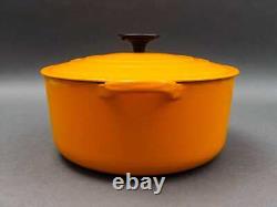 Le Creuset France #E Vintage Yellow Enamel Round Cast Iron Dutch Oven With Lid