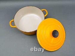 Le Creuset France #E Vintage Yellow Enamel Round Cast Iron Dutch Oven With Lid