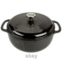 Lodge Dutch Oven Round Enamel Cast Iron Black Broiler Safe Built-in Handle 6 Qt