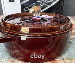 New Staub 6qt Shallow Wide Round Cocotte Dutch Oven Grenadine + Pig Knob 1132987