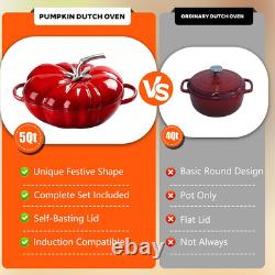 Pumpkin Cast Iron Dutch Oven, 5Qt Enamel Cast Iron Cooking Pot with Lid