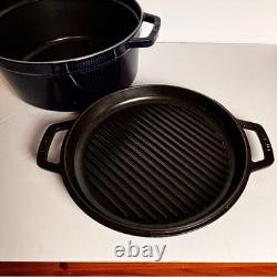 Staub 2-in-1 Dutch Oven Grill Pan Lid 28cm 7qt Navy Blue Good Cast Iron France