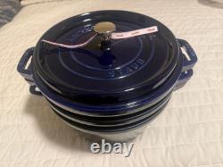 Staub Cast Iron, 5 qt, Round, dutch oven, 4-pc Stackable Set, Dark Blue