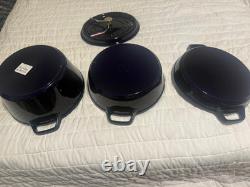 Staub Cast Iron, 5 qt, Round, dutch oven, 4-pc Stackable Set, Dark Blue