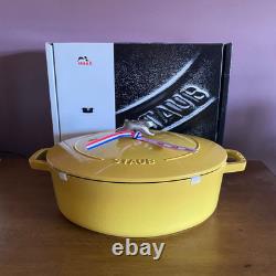 Staub Cast Iron Shallow Wide Oval Dutch Oven Bunny Knob Citron Yellow 6.25 Qt