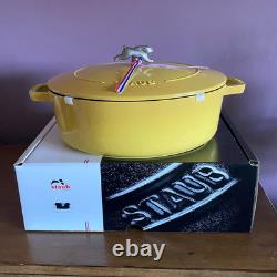 Staub Cast Iron Shallow Wide Oval Dutch Oven Bunny Knob Citron Yellow 6.25 Qt