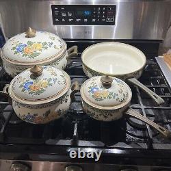 VTG ASTA Enamel Cookware Old Amsterdam Brass Set Floral 7 pieces