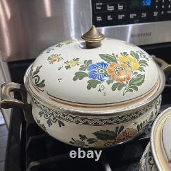 VTG ASTA Enamel Cookware Old Amsterdam Brass Set Floral 7 pieces