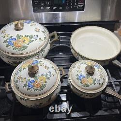 VTG ASTA Enamel Cookware Old Amsterdam Brass Set Floral 7 pieces