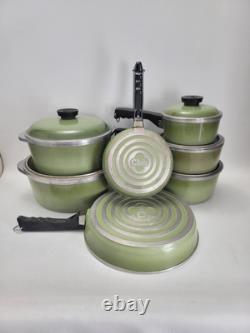 Vintage 12pc Porcelain Aluminum CLUB Pots Pans Set Avocado Green with Lids