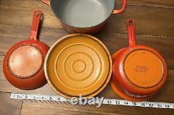 Vintage Descoware GROOVY ORANGE Cookware Lot- Dutch Oven w Lid, Sauce & Fry Pan