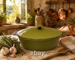 Vintage French Enameled Cast Iron Oval Dutch Oven Cocotte Olive Green France