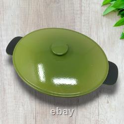 Vintage French Enameled Cast Iron Oval Dutch Oven Cocotte Olive Green France